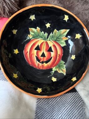 Harvest Hand-Painted Halloween Jack-O'-Lantern Ceramic Bowl
